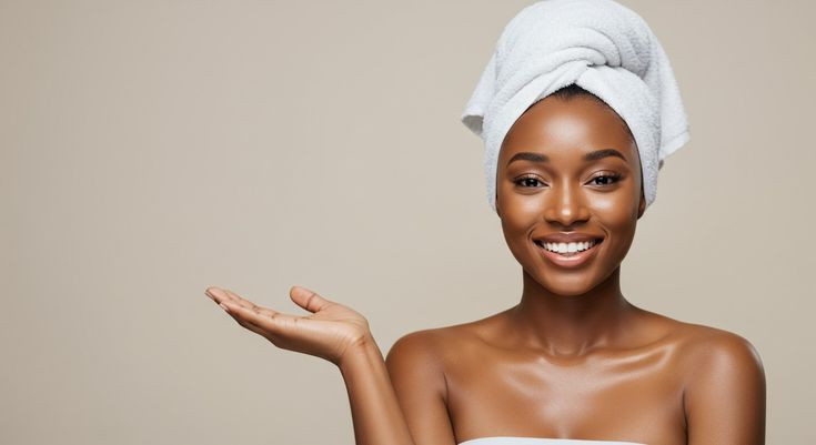 Smiling woman with a towel wrapped around her hair, holding out her palm