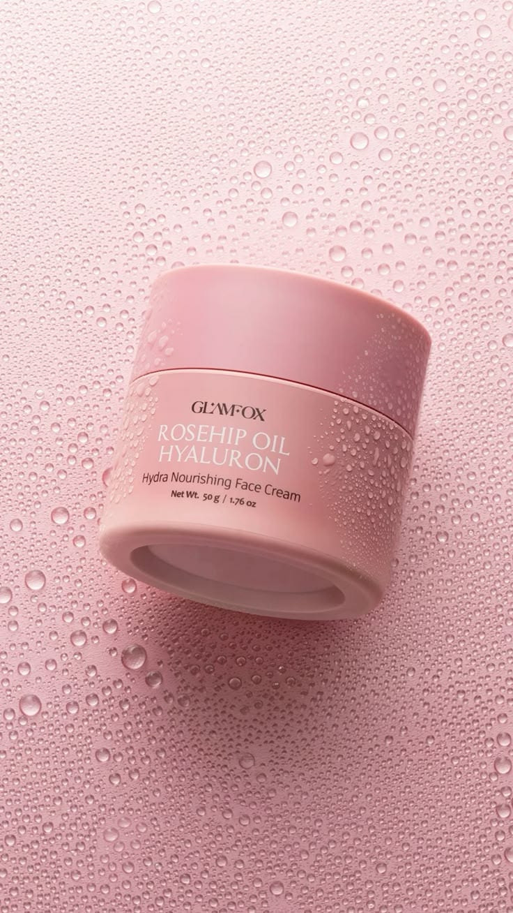 Pink jar of rosehip face cream covered in water droplets